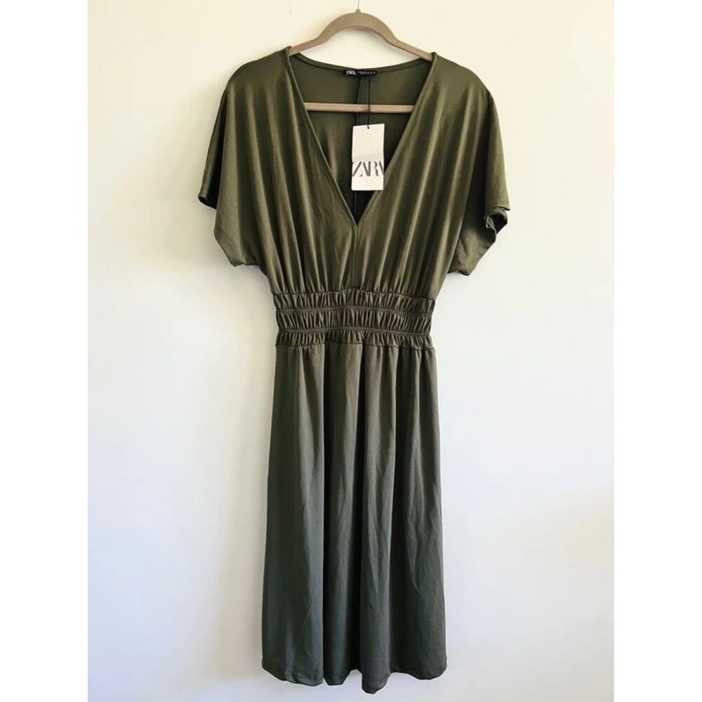 ZARA Dark Green V-Neck Elastic Waist Dress - S